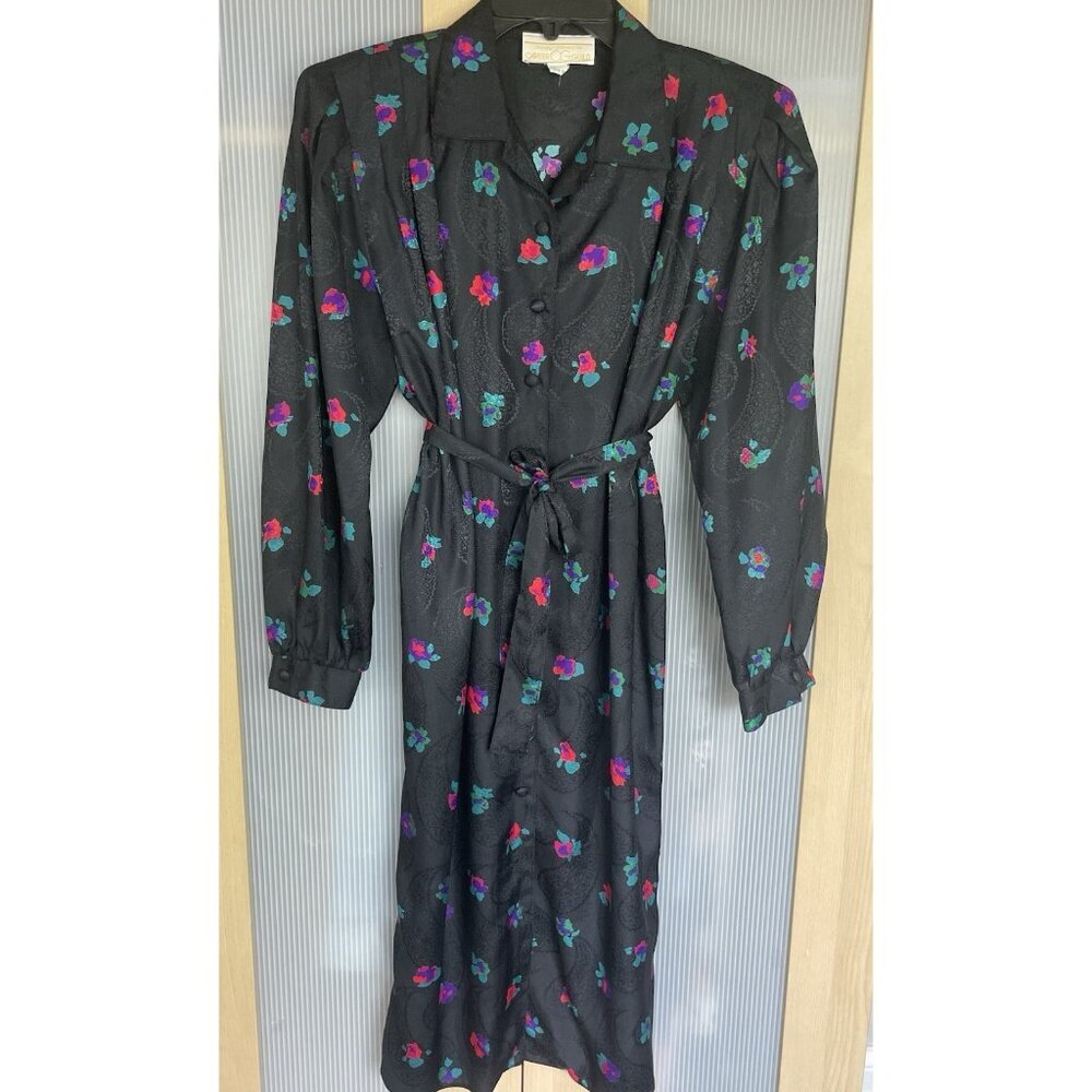 VTG 70s Career C.G Guild Midi Dress Sz 10 P Black MADE IN USA Floral Retro Party